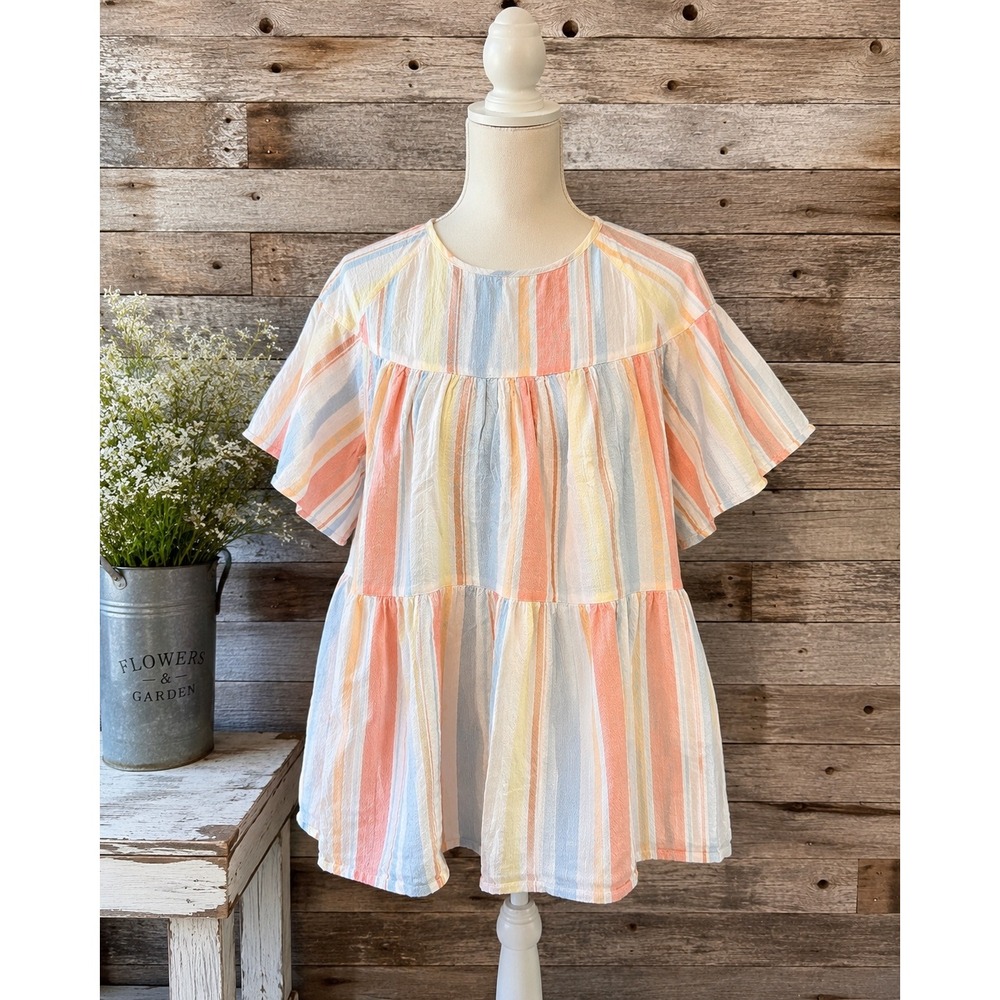 a.n.a a new approach Women Large Striped Cotton Gauze Tiered‎ Babydoll Tunic Top